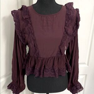 Free People victorian style cropped top XS lace peplum burgundy